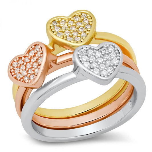Brillo en Capas Tri-Toned Brass Simulated Diamonds Heart Shape 3pc Rings Set