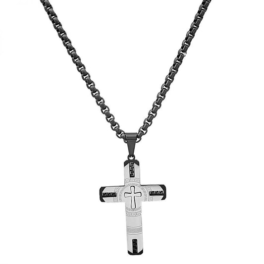 Men's Rogue Line Stainless Steel Double Cross Pendant with Greek Key Accents