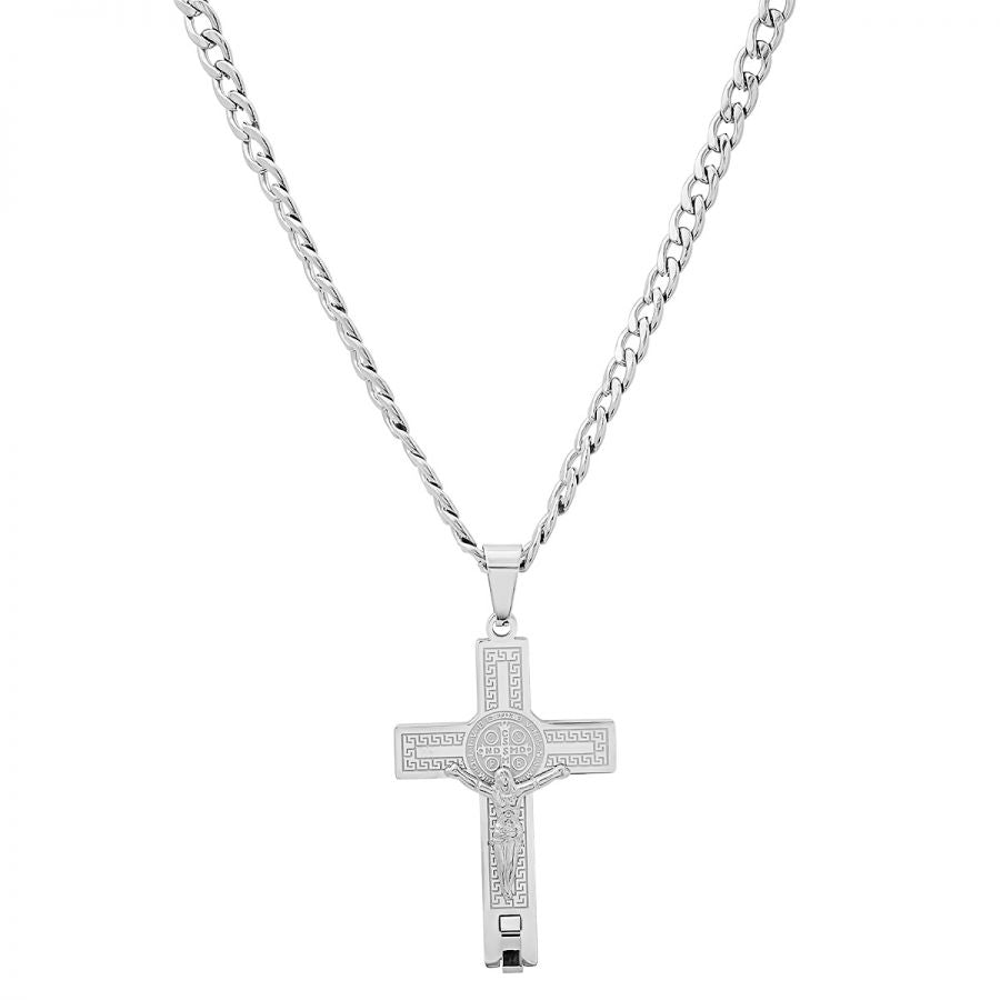 Men's Stainless Steel St. Benedict Crucifix Pendant with Greek Key Accents Necklace