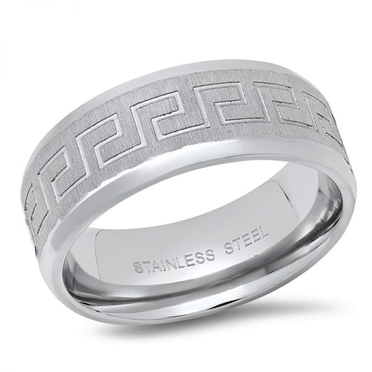 My Belief Stainless Steel Brushed Band Ring With Greek Key Accents