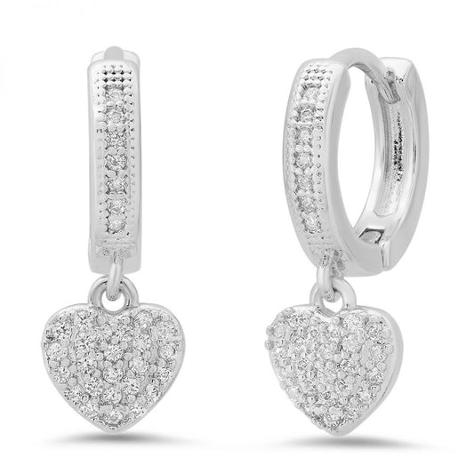 18k Simulated Diamonds Heart Shape Dangle Drop Huggies Earrings