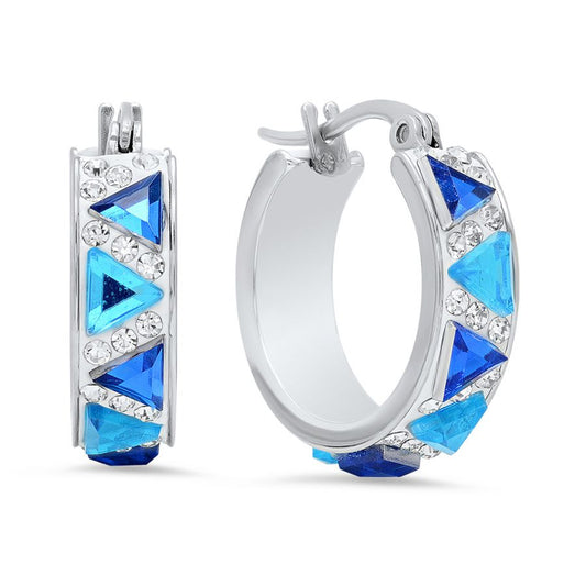 Moonlight Kiss Stainless Steel White and Blue Crystals Hoops