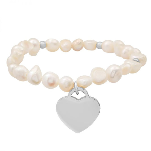 Freshwater Pearls Stainless Steel Silver Heart Shape Charm, Stretch Bracelet.