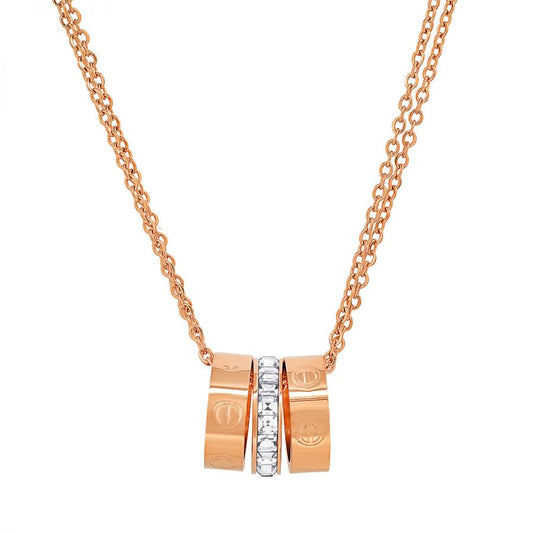 Belleza Tri-Toned Stainless Steel, Rose Gold Plated 3 ring with simulated diamonds Necklace.
