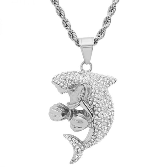 Boxing Shark Stainless Steel and Simulated Diamonds Pendant Necklace