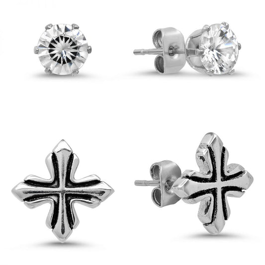 Urban Legend Stainless Steel Cross and Simulated Diamonds Stud Earrings Set