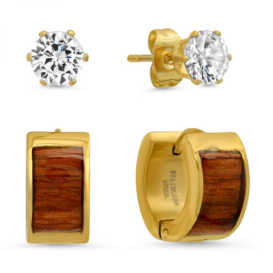 Next Legacy 18k Gold Plated Stainless Steel, Tiger Eye Huggies and Studs Earrings Set