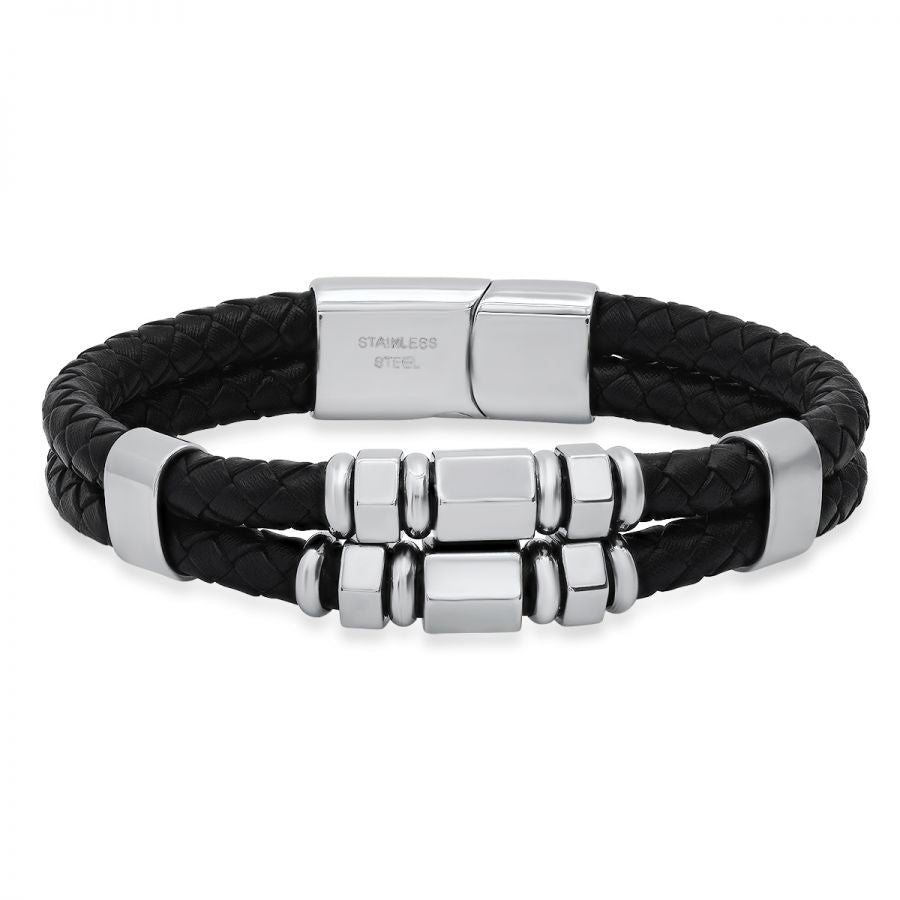Men's Esencia, Braided Black Leather  and Stainless Steel Accents Bracelet.