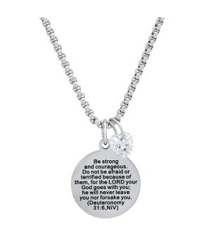 "Be Strong and Courageous," Round Pendant Adorned with Heart Shape Swarovski Crystal Charm.