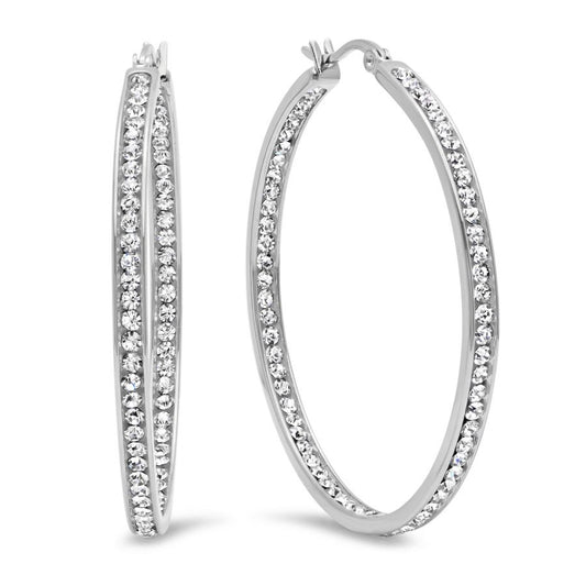 Stainless Steel Sculpted Hoop Earrings, With Simulated Diamonds 50MM.