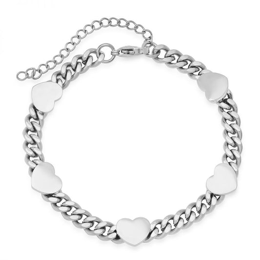 Eleganza Suprema Stainless Steel Cuban Link Bracelet With Hearth Charms.