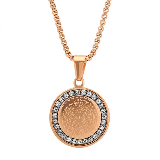 Our Father Prayer 18K Rose Gold Plated Reversible Stainless Steel Necklace.